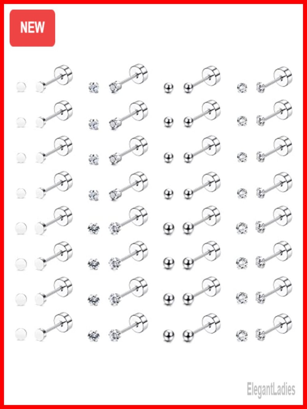 16 Pair Flat Back Stud Earrings Set 14k Gold Plated Surgical Steel CZ